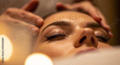 Close-up of a woman's face with water droplets on her skin, eyes closed, as hands gently massage her forehead, promoting relaxation and well-being in a spa or wellness setting