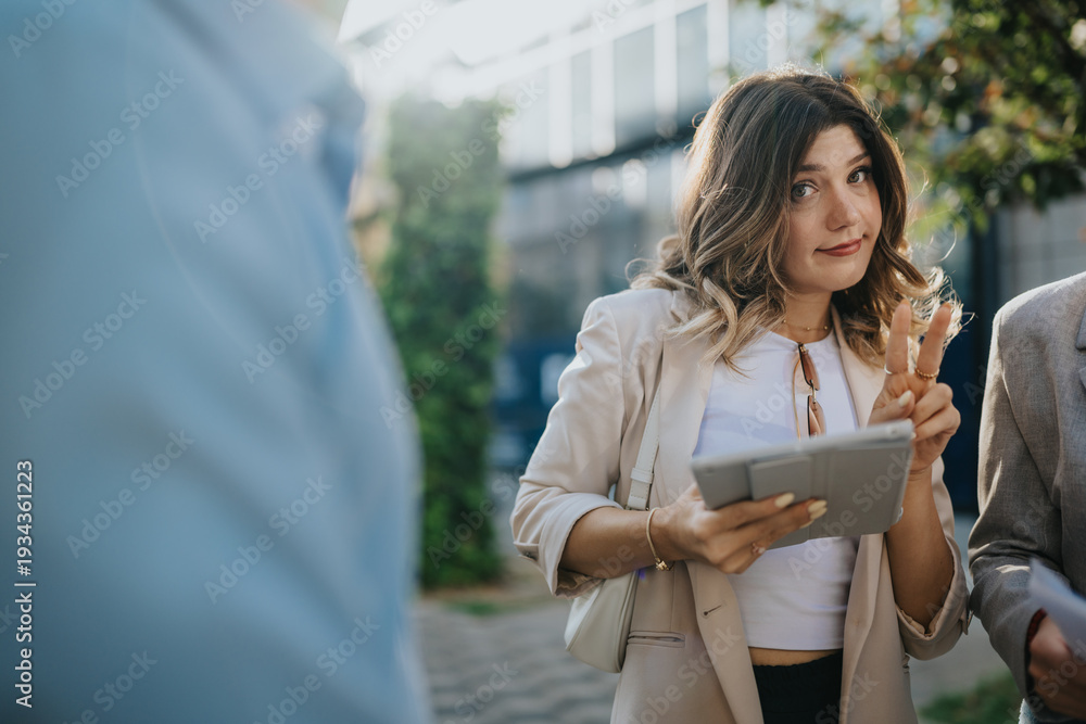 Fototapeta premium A professional woman outdoors holding a tablet and making a peace sign. She stands in a city setting, ready for business or collaboration.