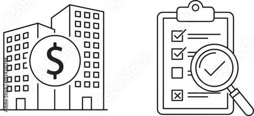 Financial Audit and Business Compliance Concept with Office Building Dollar Symbol and Checklist Verification Icon for Corporate Accounting and Investment Review