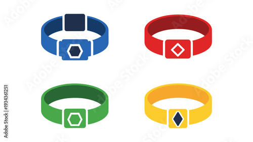 Four colorfully designed wristbands with geometric centerpieces