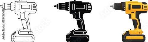 Collection of cordless drill icons in outline silhouette and color vector styles representing tools for construction and DIY projects
