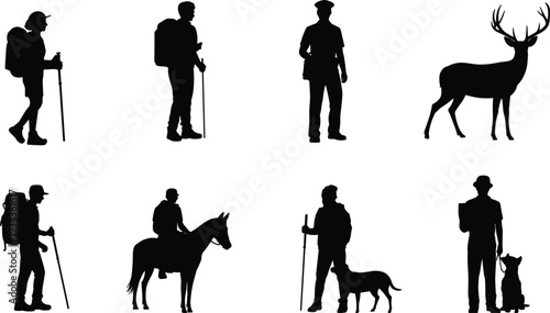 Black and white silhouette vector collection featuring outdoor hikers with backpacks, trekking poles, a majestic deer, equestrian horse rider, and man with loyal dog.