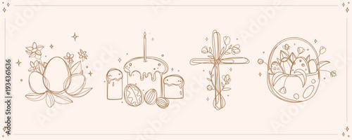 Doodle line art Easter set with decorated eggs, spring flowers, festive cake , Christian cross, and egg composition for holiday banners, church marketing, greeting cards, seasonal branding.Vector
