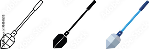 Collection of shovel icons in outline solid black and flat color styles representing gardening and digging tools for design projects