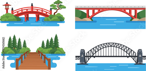 Collection of Famous Bridge Illustrations Over Water with Wooden Pier and Red Arch Structures, Scenic Landscape 
