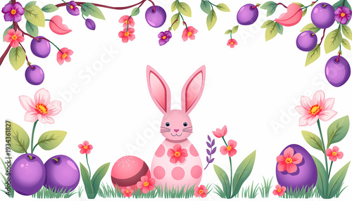 Bunny with Easter eggs and flowers under a tree in springtime setting Generative AI