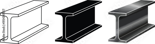 Collection of I-beam steel profiles including outline silhouette and realistic rendering representing construction and engineering elements