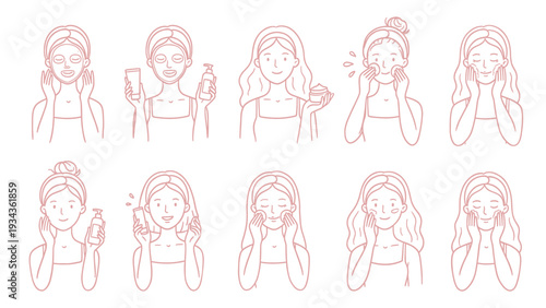 Hand Drawn Skincare Routine Woman Face Care Illustration Set