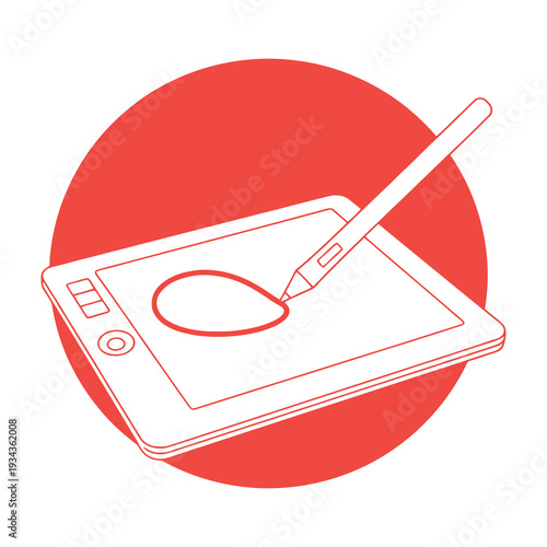 Digital drawing tablet in use with stylus creating artwork