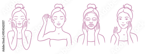 Hand Drawn Skincare Routine Steps Woman Face Outline Illustration Set