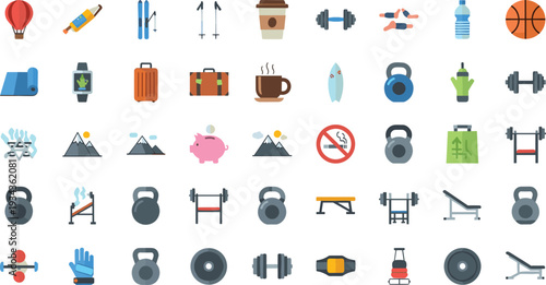 Sports and Fitness Equipment Icon Set with Dumbbells Kettlebells Bench Press Yoga Accessories Travel and Outdoor Activity Flat Vector Collection