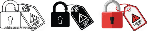 Set of padlock icons with warning tags representing security and access control isolated on white background