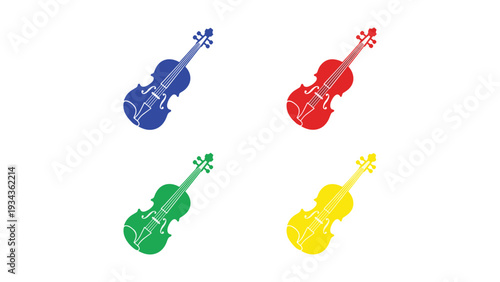 Colorful violins displayed in a visually appealing arrangement with vibrant hues