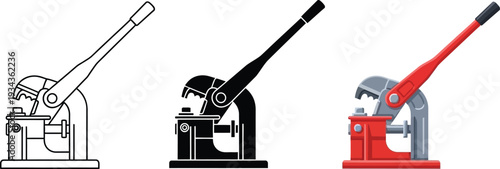 Set of three industrial lever presses including outline silhouette and color vector illustrations for manufacturing and crafting concepts