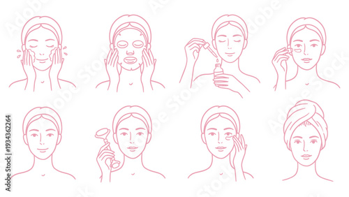 Hand Drawn Skincare Routine Steps Woman Face Pink Line Art Set