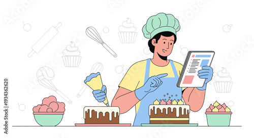 Baker Decorating Cake with Icing Following Recipe on Tablet
