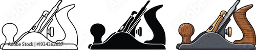 Collection of woodworking hand plane illustrations featuring line art silhouette and realistic styles for carpentry and DIY projects