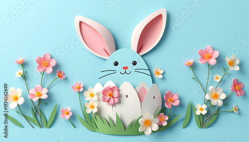 Creative paper art of a bunny in an egg surrounded by flowers on a blue background in spring Generative AI