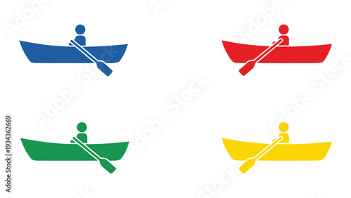 Colorful canoes with paddlers in different vibrant hues