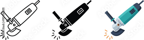 Set of angle grinder icons including outline silhouette and color vector illustrations for construction and DIY projects isolated on white