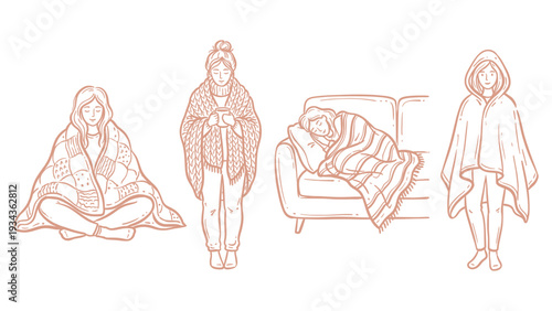 Hand Drawn Cozy Woman Wrapped In Blanket At Home Warm Comfort Line Art Set