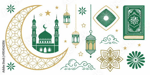 Arabian and Islamic icon set featuring mosque, Arabian lantern, holy book and other icon element