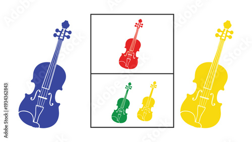 Colorful violins in contrasting hues and styles displayed side by side