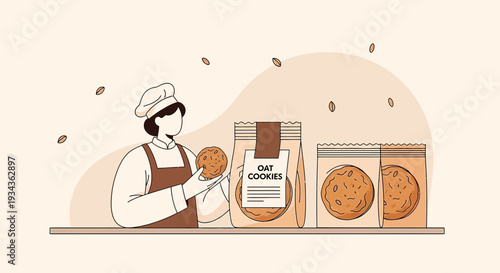 Baker holding oat cookies next to packaged cookies, illustration