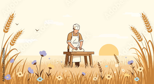 Baker Kneading Dough in Wheat Field at Sunset, Baking Concept