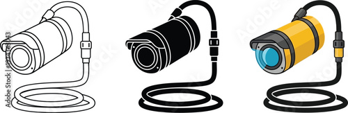 Set of security camera icons surveillance equipment in line art silhouette and color vector illustration for monitoring and safety concepts