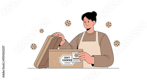 Baker packaging craft cookies in box, artisanal sweets, small business delivery