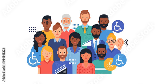 Diverse Group of People Embracing Inclusion and Accessibility. Flat Illustration of Community, Equality, and Different Abilities, Ages, and Ethnicities.