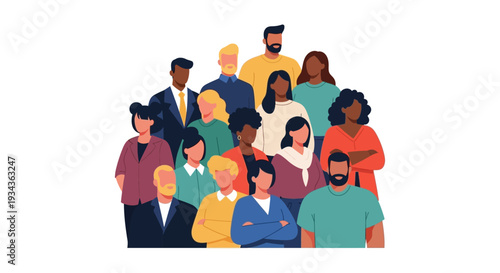 Diverse Group of Multi-Ethnic People in Flat Vector Illustration. Community, Teamwork, and Social Inclusion Concept.