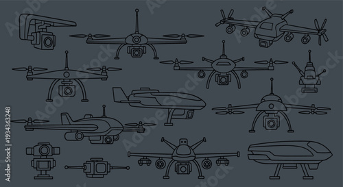 Collection of diverse drone aircraft designs showcasing advanced aerial technology and surveillance capabilities in a schematic illustration