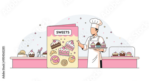 Baker Presents Sweets Menu & Cupcakes in Bakery Display