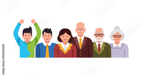 Diverse Multi-Generational Group Celebrating Unity and Success - Flat Vector Illustration