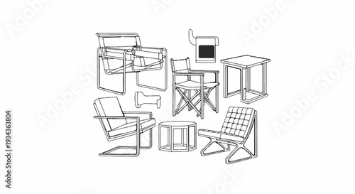 Line drawing of furniture, chairs, tables, and an ottoman