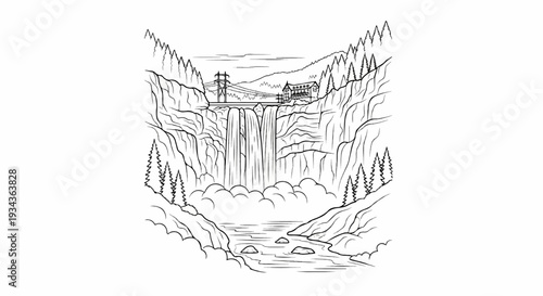 Majestic waterfall cascades down rocky cliffs surrounded by pine trees