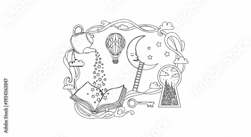 Open book pours stars, moon with ladder, hot air balloon, clock-keyhole cityscape