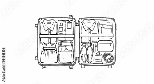 Open suitcase packed with clothing, toiletries, and accessories for travel