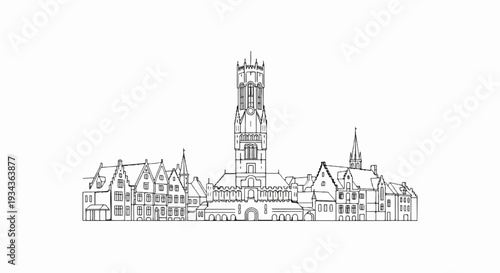 Historic city skyline sketch with a tall central clock tower and ornate buildings
