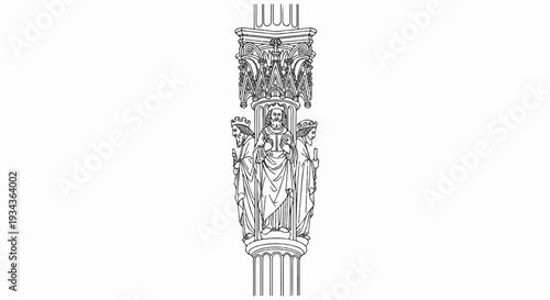 Ornate column capital featuring three regal figures in line-drawing style