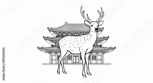 Majestic stag stands before a layered pagoda in a stylized black and white illustration