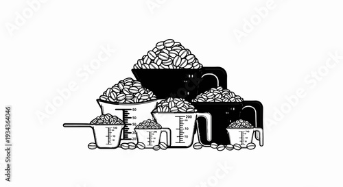 Measuring cups filled with coffee beans, some scattered around