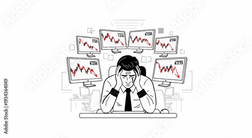 Man distressed by falling stock market graphs displayed on multiple monitors