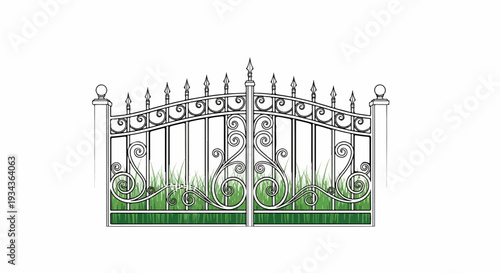Ornate metal gates with decorative scrolls and pointed finials, grass