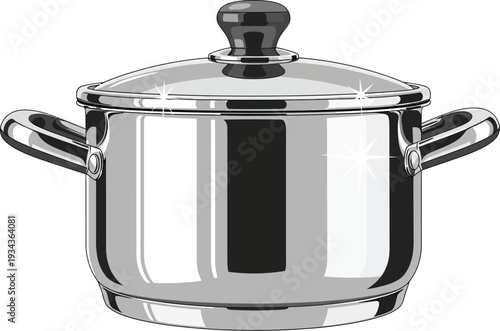Shiny stainless steel cooking pot with a clear glass lid stands ready.