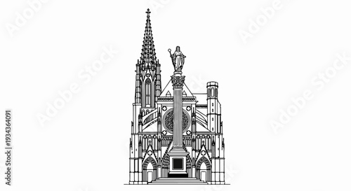 Ornate, stylized illustration of a grand cathedral facade with a spire, statue, and rose window