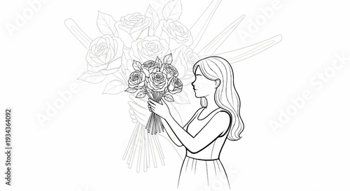 Outline drawing of a woman holding a bouquet of roses, with faint roses behind