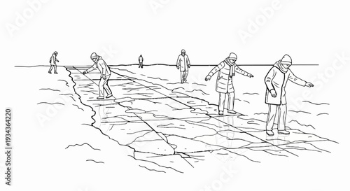 People ice skating and walking on a frozen body of water with cracked ice